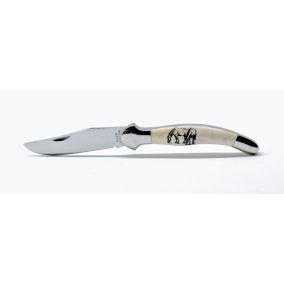   Fejesgörbe zsebkés, bicska agancs markolat, gravírozott ló motívummal.