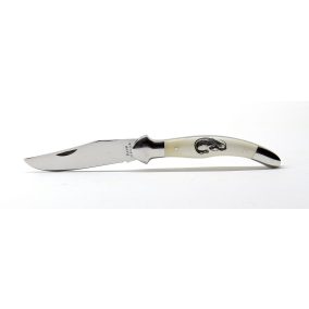   Fejesgörbe zsebkés, bicska csont markolat, gravírozott harcsa díszítéssel