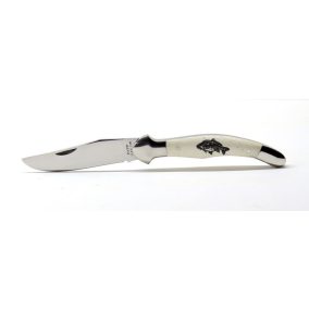   Fejesgörbe zsebkés, bicska csont markolat, gravírozott ponty díszítéssel
