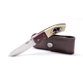   Klasszikus zsebkés, bicska,, vaddisznó motívummal, bőr tokkal